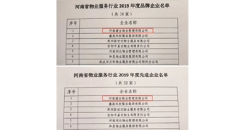 2019年12月27日，建業(yè)物業(yè)獲評由河南省物業(yè)管理協(xié)會授予的“河南省物業(yè)服務(wù)行業(yè)2019年度品牌企業(yè)”“河南省物業(yè)服務(wù)行業(yè)2019年度先進(jìn)企業(yè)”榮譽(yù)稱號。